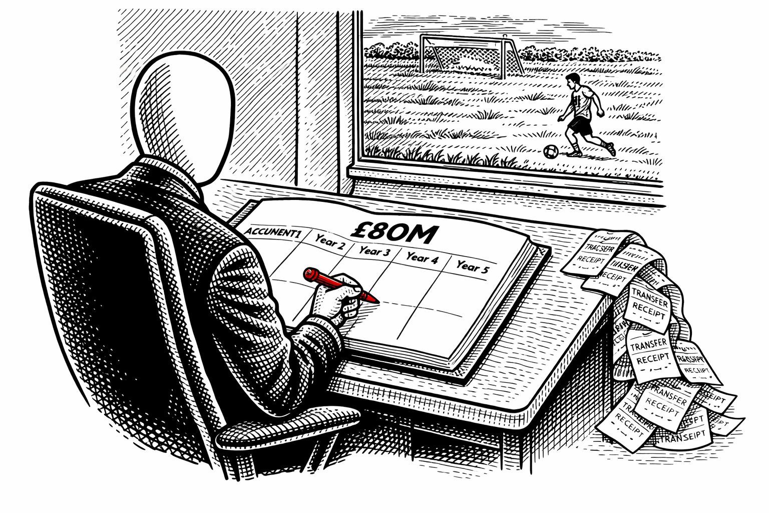 A faceless accountant at a desk holds a red pen over a large open ledger showing £80M divided across Year 1 through Year 5 columns. Transfer receipts pile up on the right side of the desk. Through the window: a player trains alone on a pitch.