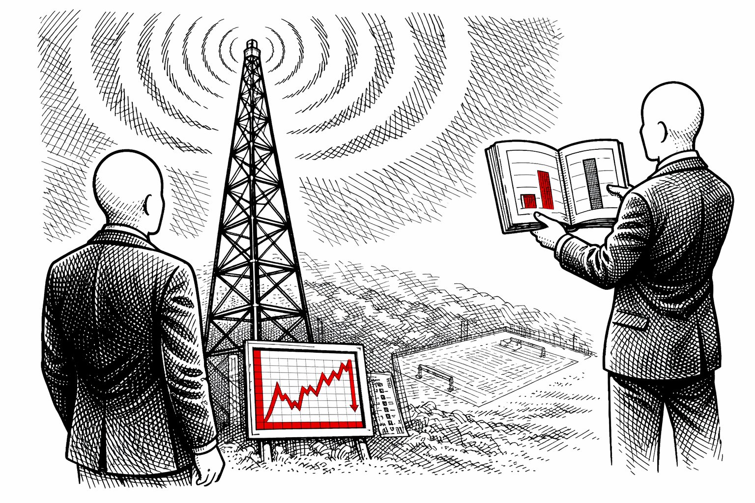 Two suited faceless figures stand before a broadcast transmission tower. A red line chart at the tower's base shows steep rises and a sharp downward arrow. One figure holds an open ledger showing a tall and short bar chart. A football pitch recedes in the background.