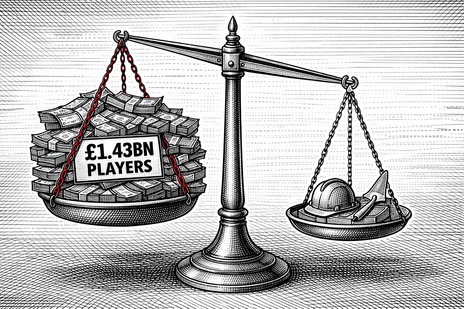 Balance scales: left pan holds stacks of banknotes labelled £1.43BN PLAYERS, hung on red chains, pressing the scale far down. Right pan holds a hardhat and trowel, nearly weightless.
