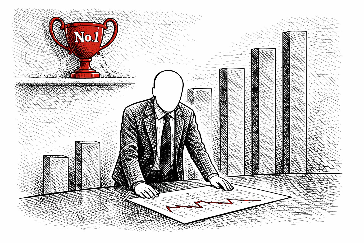 A suited faceless figure stands before a large trophy labelled No.1, now gathering dust on a shelf. Behind them, a chart showing a flat red line while surrounding bar charts for rival clubs grow steadily upward.