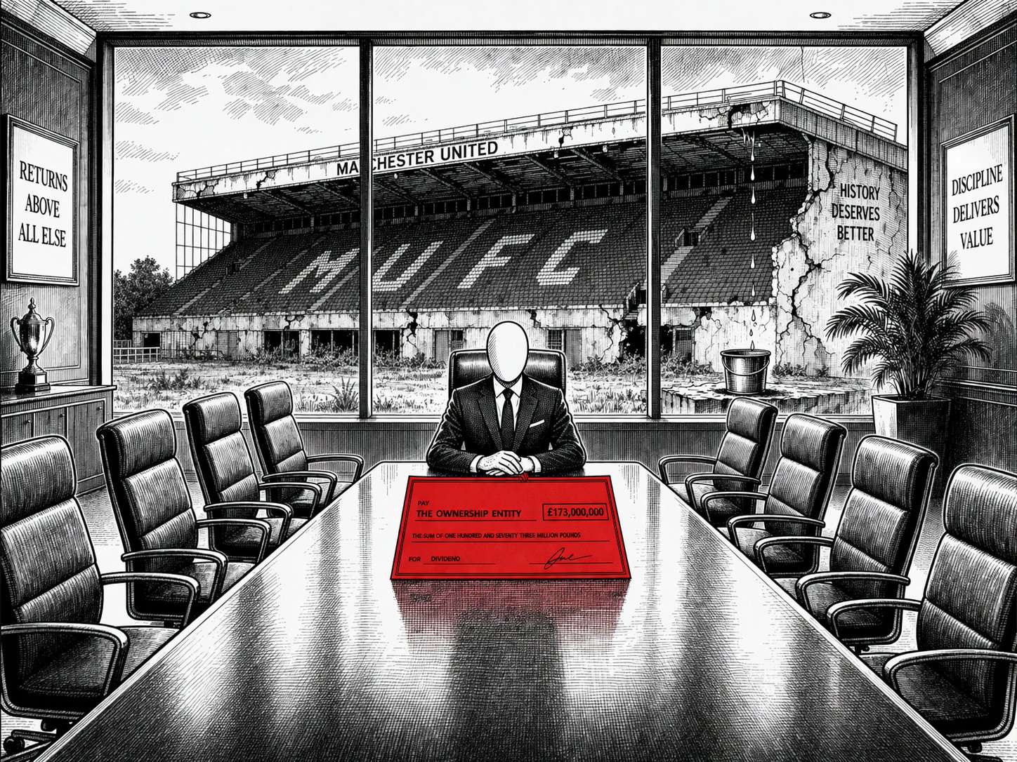 A faceless suited figure sits alone at a boardroom table. A red cheque for £173,000,000 lies in front of them. Through the window: a crumbling Manchester United stadium with cracks, drips, and overgrown grass. Wall signs read RETURNS ABOVE ALL ELSE and HISTORY DESERVES BETTER.