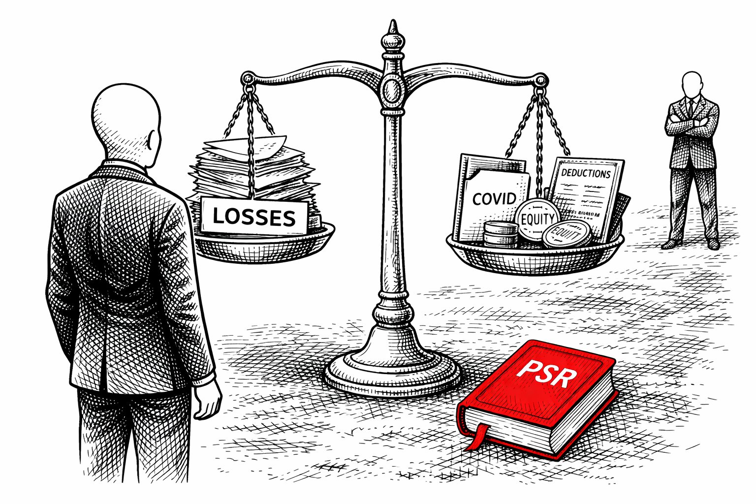 A faceless suited figure stands before a set of weighing scales. The left pan holds a large stack of documents labelled LOSSES. The right pan holds three objects: COVID, EQUITY, and DEDUCTIONS. The scales are approximately level but visibly strained. A red rulebook stamped PSR sits on the ground in front. A second suited figure watches from the background, arms folded.