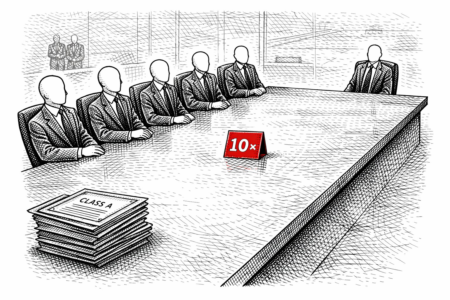 Six suited faceless figures seated along one side of a boardroom table face a single figure opposite. A red placard marked 10× sits at the centre of the table. A stack of documents labelled CLASS A sits in the foreground. Two observers stand behind glass in the background where a football pitch is faintly visible.