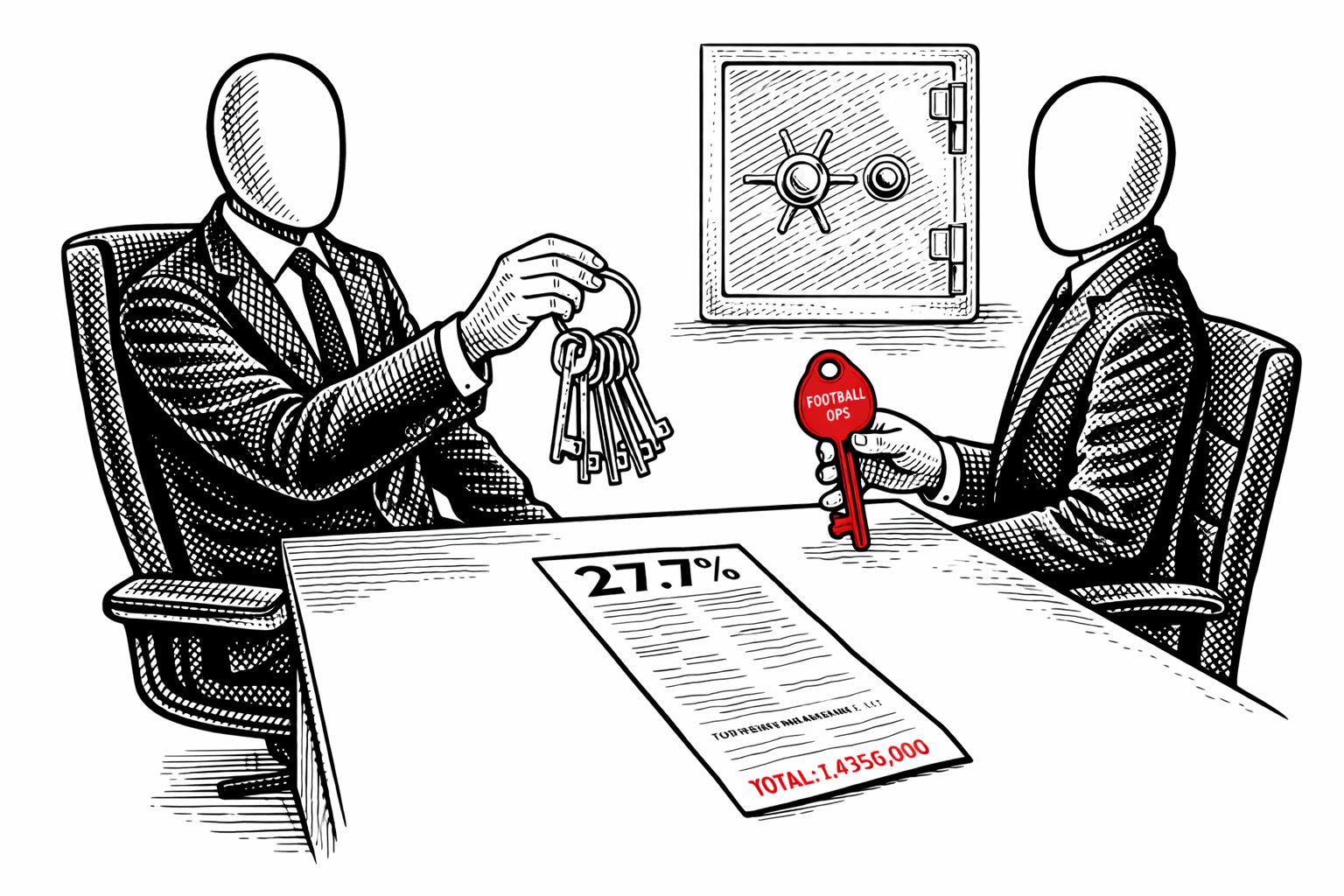 Two faceless suited figures across a desk. Left holds a large bunch of keys; right holds a single small red key labelled FOOTBALL OPS. A 27.7% document lies between them. A locked safe is mounted on the wall.