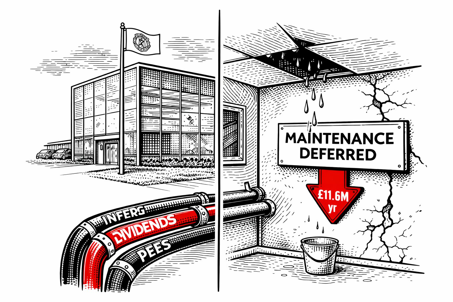 Split scene: left shows a modern glass building with a Manchester United flag; pipes labelled INTEREST, DIVIDENDS, FEES run from the building. Right shows a crumbling interior with a leaking roof, a bucket on the floor, a MAINTENANCE DEFERRED sign, and a red downward arrow labelled £11.6M/yr.