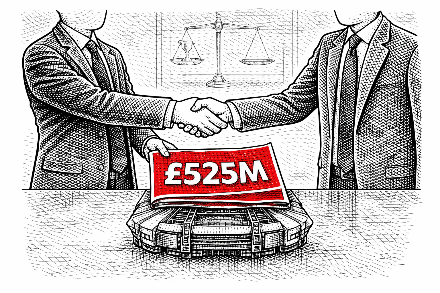 Two faceless suited figures shake hands while a red document labelled £525M is pressed down onto a model of a football stadium on the table between them. Scales hang in the background with a trophy on the lighter side.