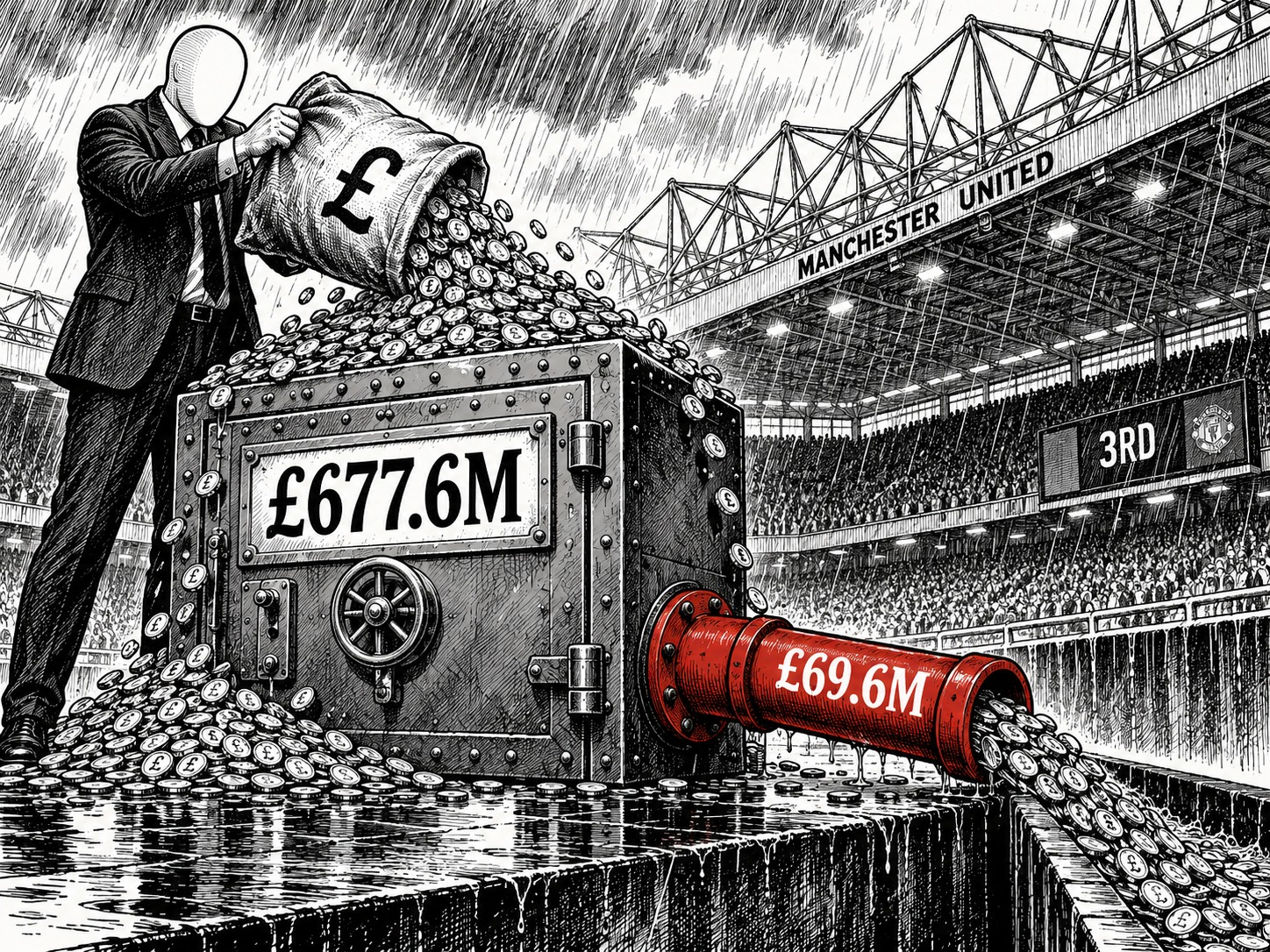 Editorial pen-and-ink illustration: a faceless suited figure empties a sack of pound coins into an overflowing strongbox labelled £677.6M beside a rain-soaked stadium. A red drainpipe labelled £69.6M carries a stream of coins out of the strongbox and away. A scoreboard in the stand reads 3RD.