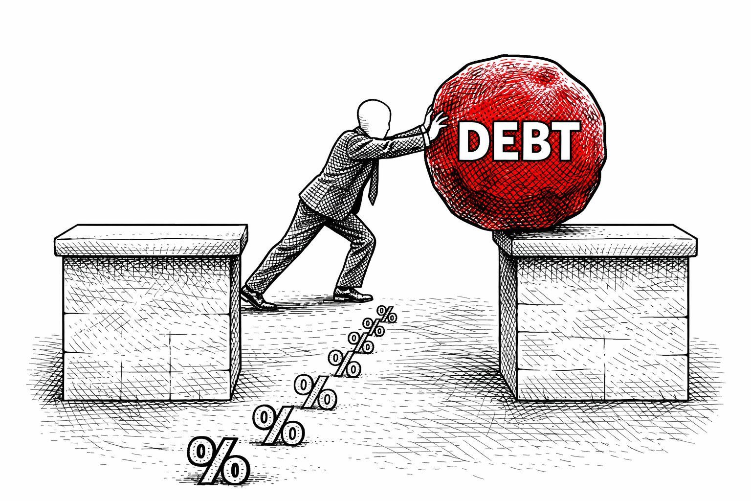 A suited faceless figure repeatedly rolls a large boulder labelled 'DEBT' from one pedestal to another. The pedestals are labelled with decreasing interest rates. The boulder, rendered in Manchester United red, never gets smaller.