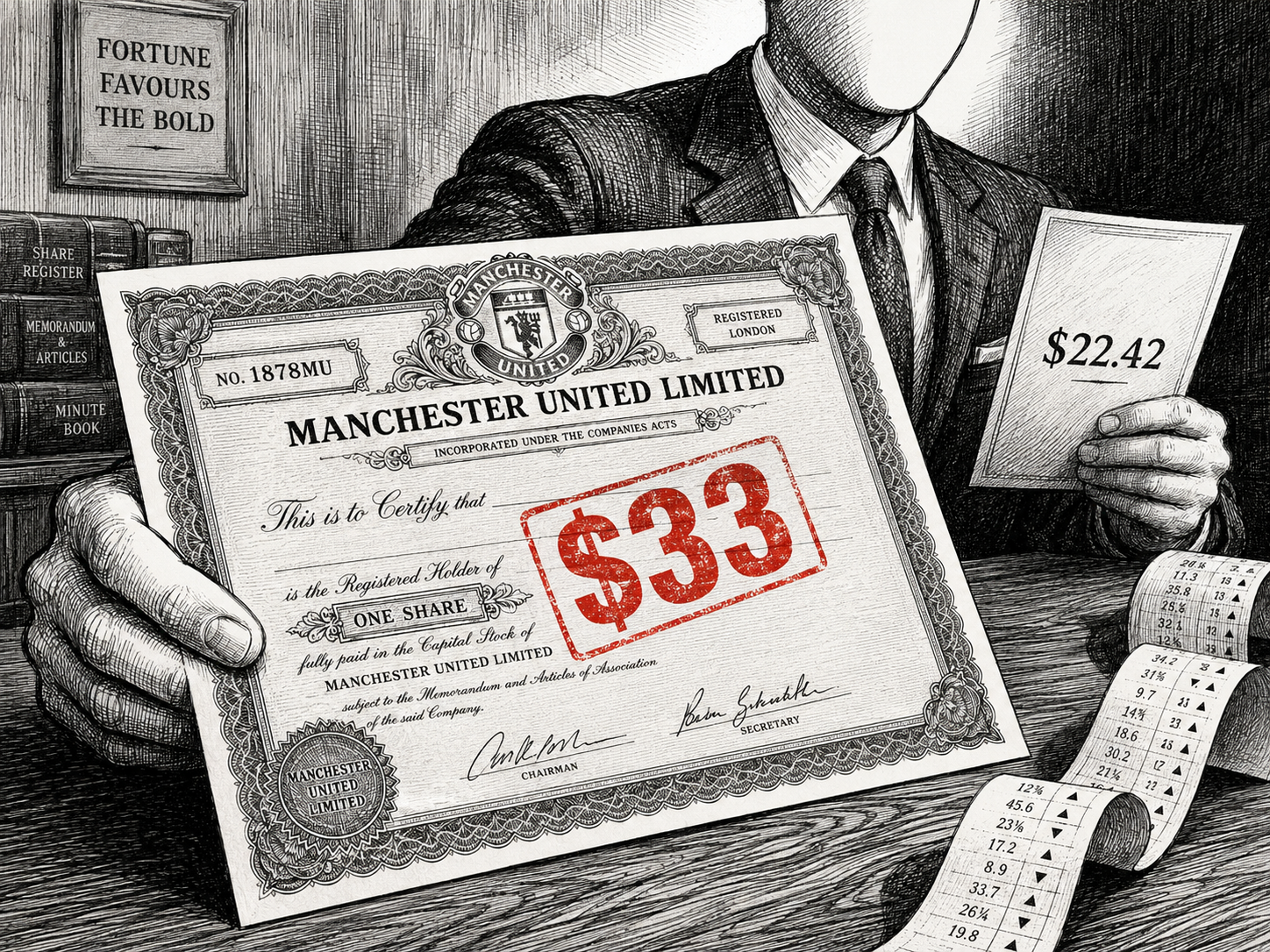Editorial pen-and-ink illustration: a faceless suited figure holds a large Manchester United share certificate with the price '$33' stamped in red across its face. The figure's other hand holds a smaller, plainer paper showing '$22.42' in black ink. A ticker tape curls across the wooden desk.