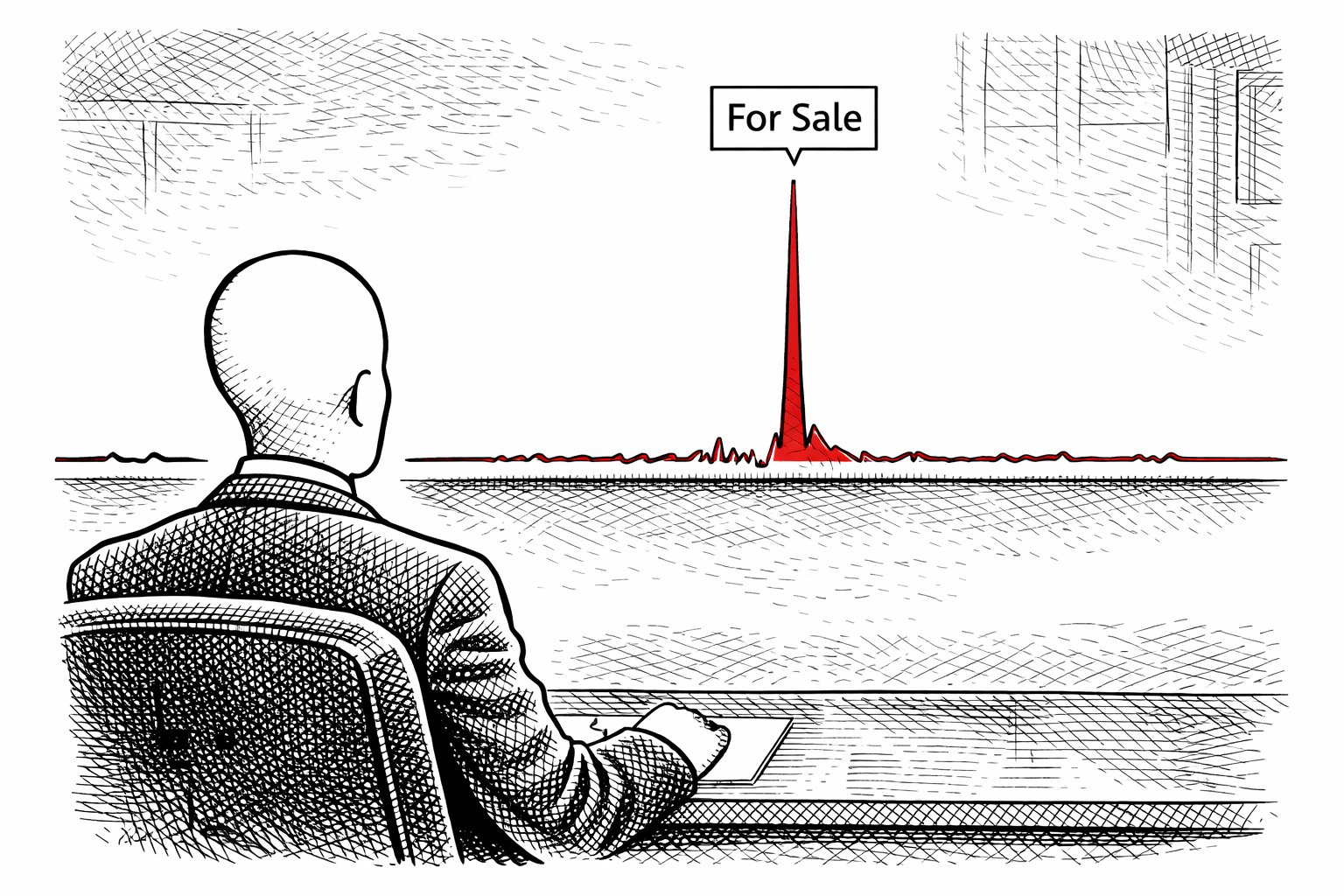 A stock ticker tape runs flat across the bottom of the frame. One sharp spike rises in the middle, labelled 'For Sale'. A suited faceless figure sits at a desk watching the tape. The spike is rendered in Manchester United red.