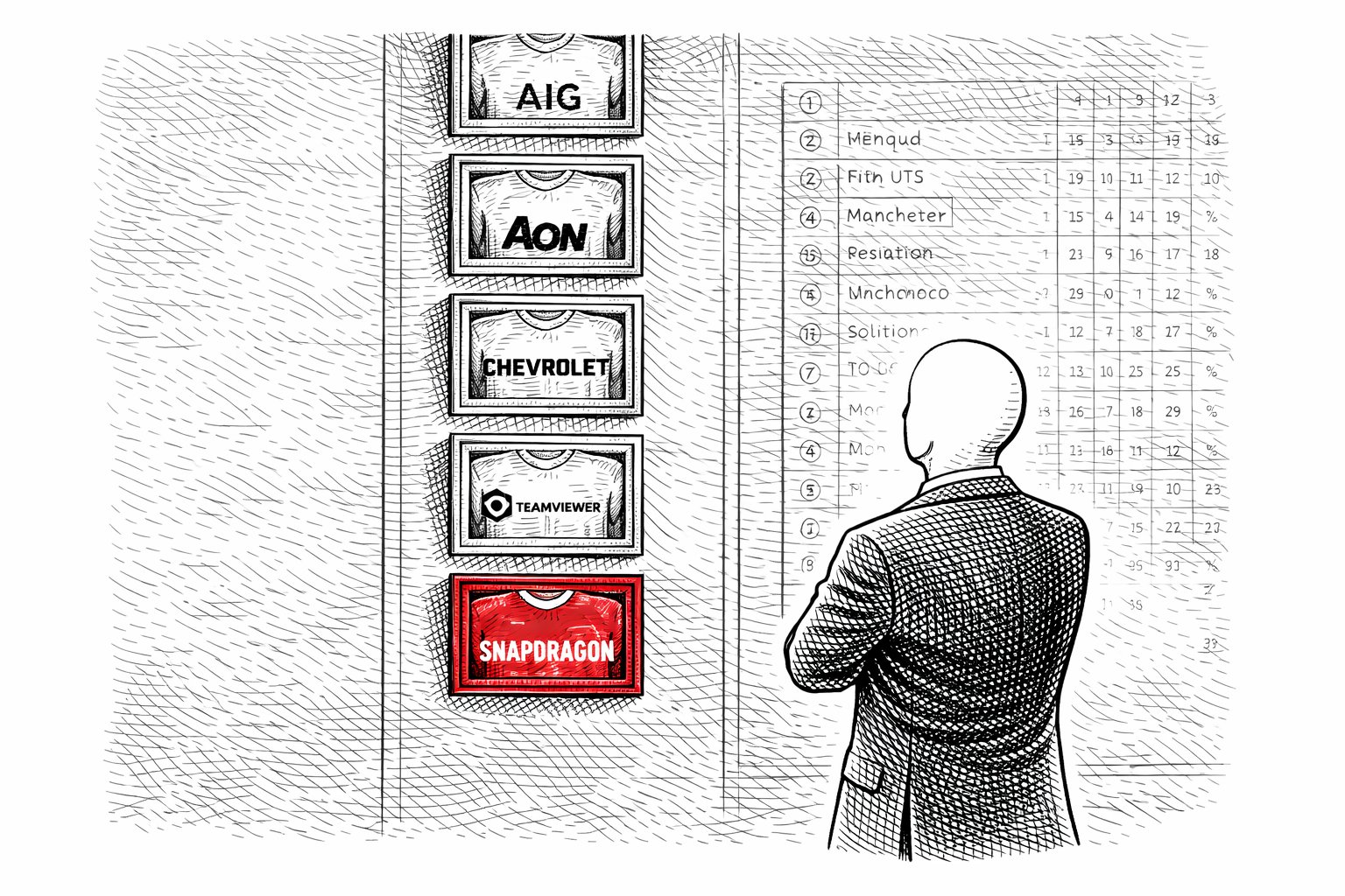 A suited faceless figure stands arms folded before a wall of six framed shirt panels – AIG, AON, CHEVROLET, TEAMVIEWER, and a red SNAPDRAGON frame at the bottom. To the right, a faintly sketched league table shows a club descending through the positions.