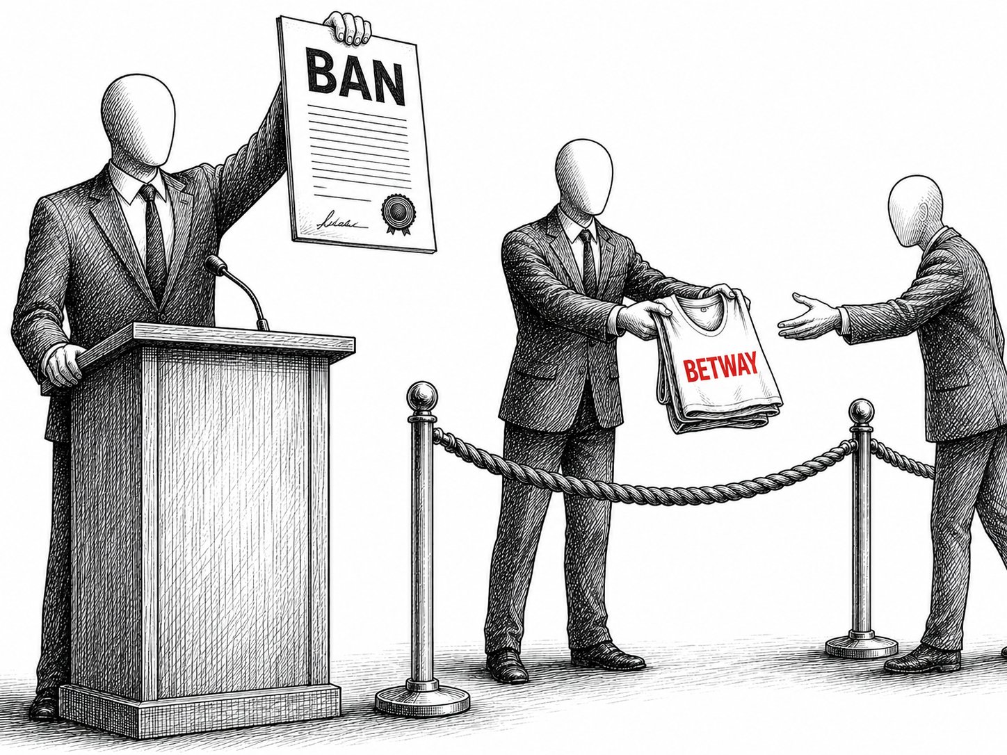 A suited faceless figure stands at a plain podium holding a document labelled BAN aloft. To the right, a second suited figure passes a folded training bib emblazoned with BETWAY in red over a rope barrier to a third reaching figure.