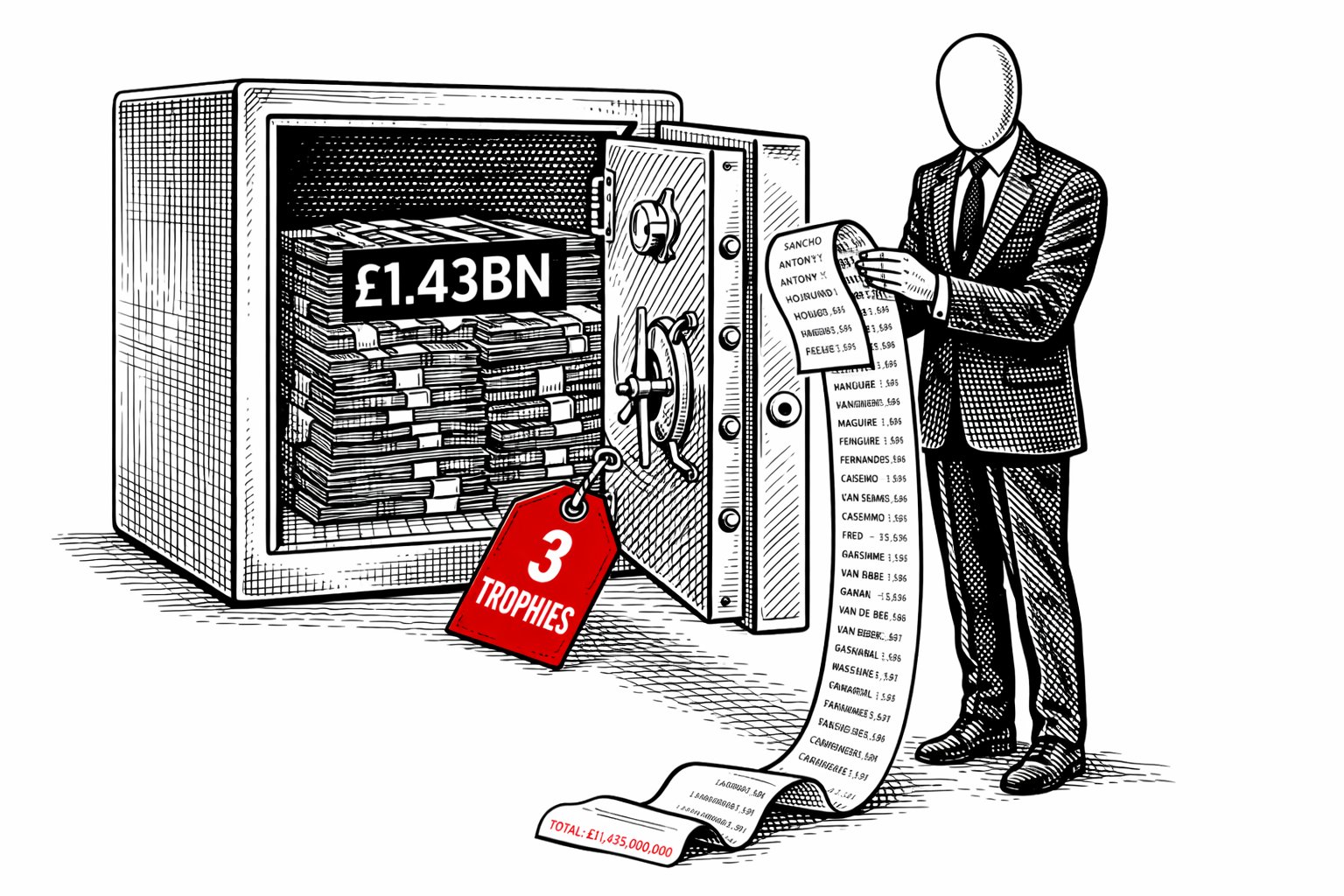 An open vault containing £1.43BN in banknotes with a red price tag reading 3 TROPHIES. A faceless figure reads a long itemised receipt of player names.