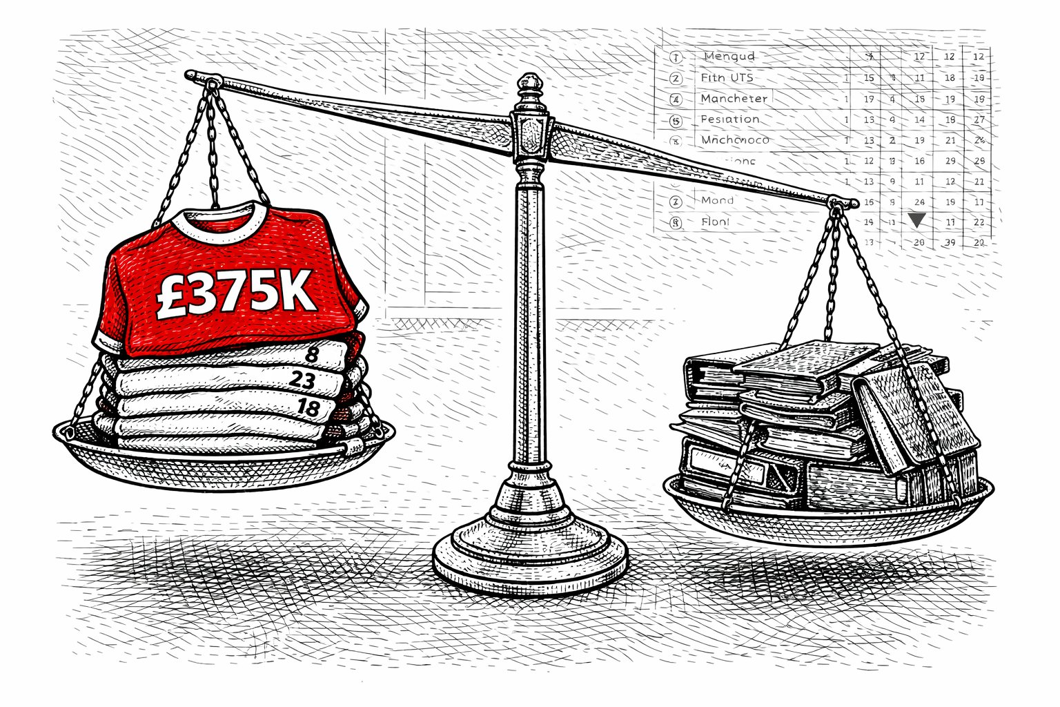 A set of balance scales tips heavily to the left under the weight of a stack of football shirts, the top one in red labelled £375K. The right pan holds a pile of office files and folders. A league table on the wall in the background shows a position marker low in the standings.