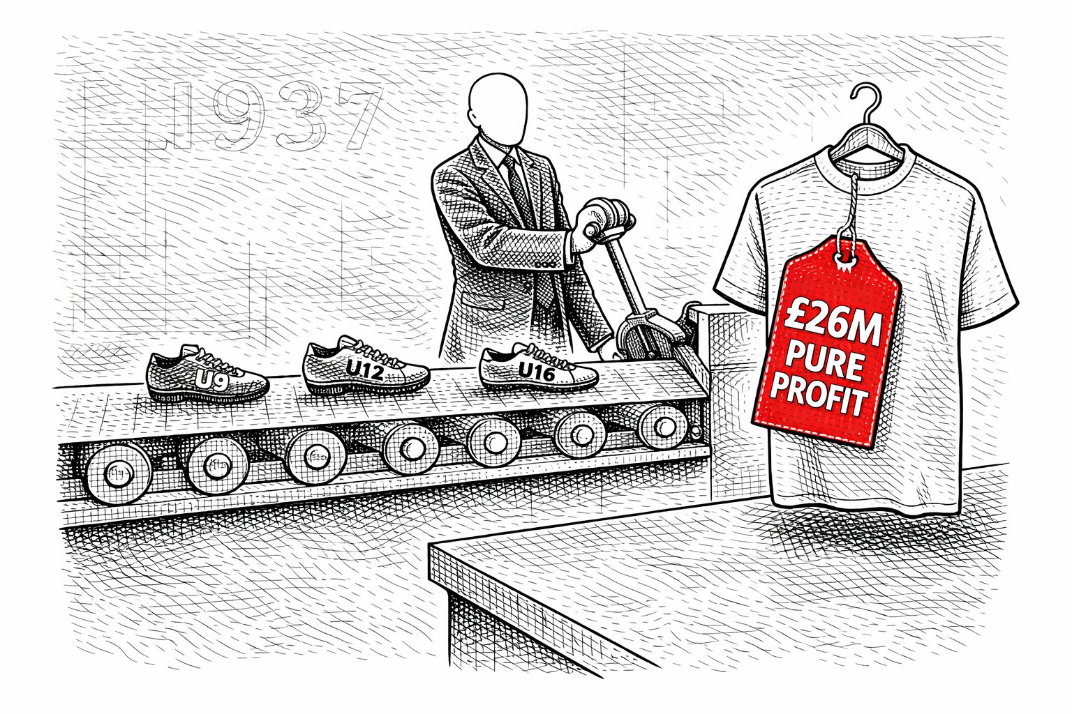 A suited faceless figure operates a lever on a conveyor belt carrying football boots labelled U9, U12 and U16. At the end of the belt hangs a shirt on a hanger with a red price tag reading £26M Pure Profit. The year 1937 is faintly inscribed on the wall behind.